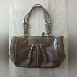 Coach Pleated Patent Leather East West Gallery tote bag, brown (chocolat…